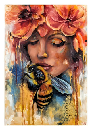 BeeYou by Elisa Kay - a woman with closed eyes crowned with coral poppies and a honeybee below her lips