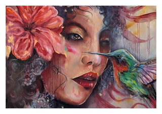 The Light Moment by Elisa Kay - a hummingbird hovering at the lips of a woman with a coral hibiscus in her hair