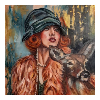 Vintage Harmony by Elisa Kay - a woman in a green cloche hat and rust fur coat with a deer at her shoulder