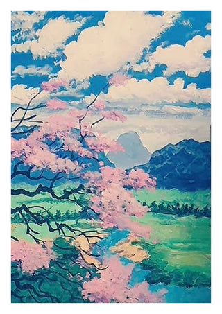 Where Whispers Meet the Monolith by Bibi - pink cherry blossom against a blue mountain and sky
