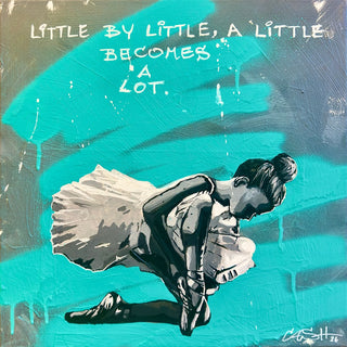 Little by Little by Cash - a crouching ballerina against turquoise strokes on grey