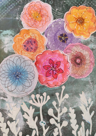 Spirograph Blooms by RenataK - cut-out flower heads drawn with looping lines on dark green