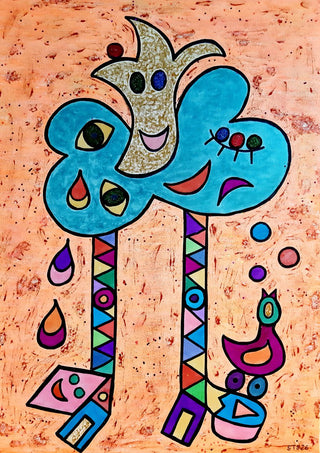 Blue Tree with Faces by Steffi Seiler - a blue crown of leaves with three faces above patterned stems on speckled peach