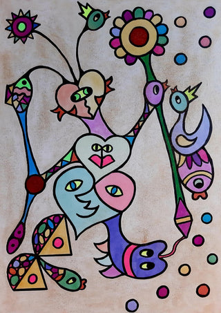 Hearts and Sunflower by Steffi Seiler - two faces sharing a blue heart beside a sunflower on grey-beige