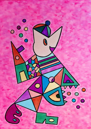 Pink Cat by Steffi Seiler - a cat built from triangles and stripes on speckled pink