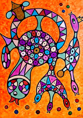 Circle of Eyes by Steffi Seiler - a creature carrying a disc ringed with small eyes on speckled orange
