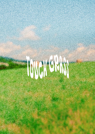 Touch Grass by Jakob Falkenberg - the words TOUCH GRASS across a green field under a pink sky