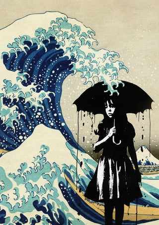 Under the wave by Dikhotomy - a stencilled girl with an umbrella beneath Hokusai's Great Wave