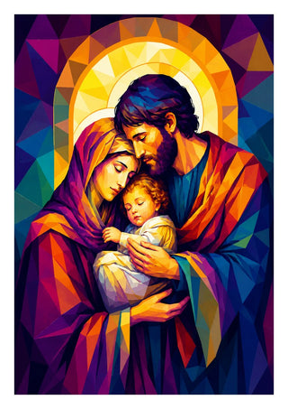 The Holy Family in Divine Light by nyai - Mary, Joseph and the child in flat facets under a golden halo