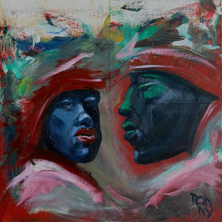 Meeting in Red by Ronny Simon - two faces in profile under red caps, one blue and one green