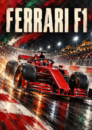 Ferrari F1 by Danii Steinfeldt - a red Ferrari Formula 1 car through a wet floodlit corner