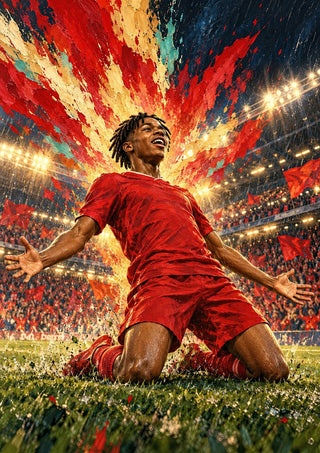 Rio Ngumoha Celebration by Danii Steinfeldt - Rio Ngumoha on his knees in red under exploding floodlights