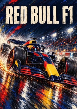 Red Bull F1 by Danii Steinfeldt - a navy, red and yellow Red Bull Formula 1 car in a wet corner