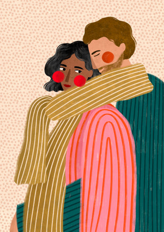 Loving Couple Embrace by Bea Müller – man hugging woman from behind in striped clothes