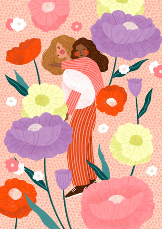 Joyful Floral Embrace by Bea Müller – two women sharing a piggyback hug among giant colourful flowers