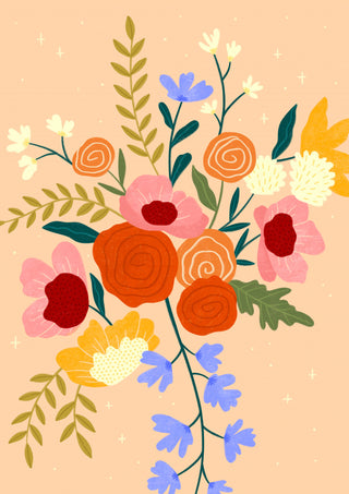 Colorful Floral Bouquet by Bea Müller – bouquet of orange roses, pink and blue flowers on peach