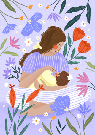 Blooming Motherhood by Bea Müller – mother nursing her baby surrounded by colourful flowers