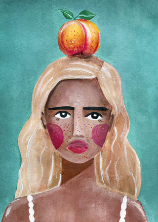 Illustration of a woman with long blonde hair and a peach balanced on her head, against a teal background.