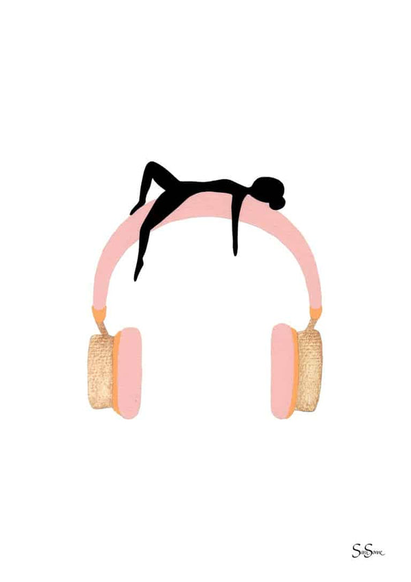 Minimalist art of a figure reclining on large pink headphones, from Sara Sonne's "Being" collection.