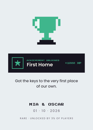 Achievement Unlocked personalised poster – a pixel trophy and an achievement banner with your own milestone, names and date (Mint)