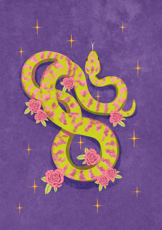 Illustration of a green and pink snake with roses on a purple background, product art for Snake by Raissa Oltmanns.