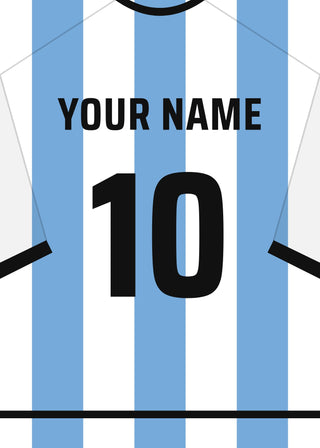 Personalised football shirt poster in Argentina's white and sky-blue stripes – a name and number on the back
