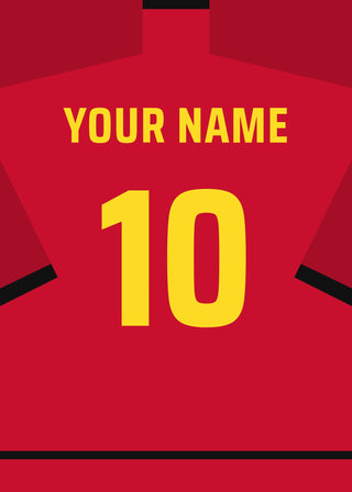 Personalised football shirt poster in Belgium red with yellow lettering – a name and number on the back
