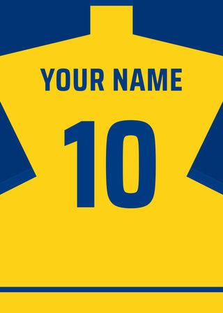 Personalised football shirt poster in Brøndby yellow with blue shoulders and blue lettering – a name and number on the back