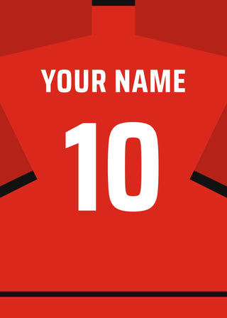 Personalised football shirt poster in Manchester United colours – red shirt with black trim, name and number on the back