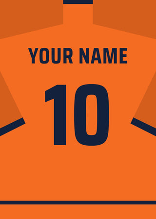 Personalised football shirt poster in Dutch orange with navy lettering – a name and number on the back
