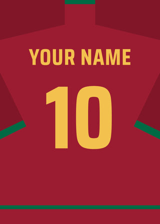 Personalised football shirt poster in Portugal's deep red with gold lettering – a name and number on the back