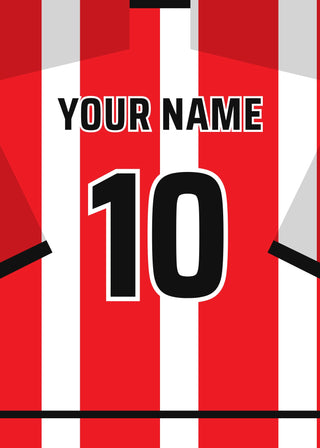 Personalised football shirt poster in PSV's red and white stripes – a name and number on the back