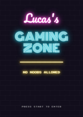Gaming Zone personalised neon sign poster – the gamer's name and GAMING ZONE in glowing neon on a dark brick wall (Pink & Cyan)