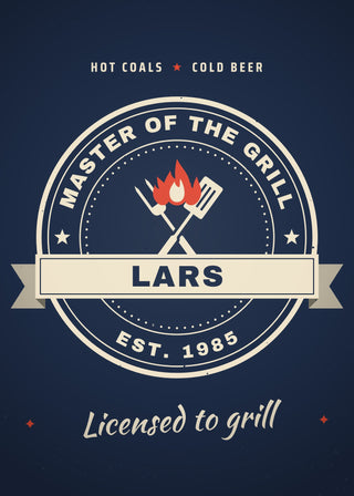 Master of the Grill personalised vintage badge poster – Navy & Red