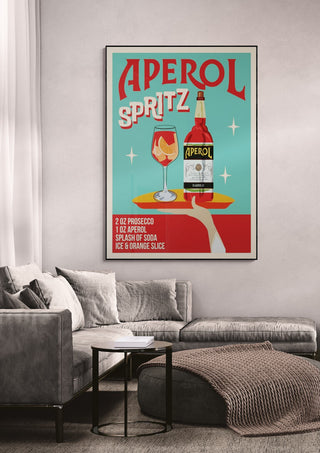 Aperol Spritz wallchart featuring a cocktail glass, Aperol bottle, and drink recipe in a modern living room.