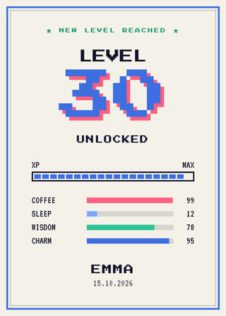 Level Up personalised gamer birthday poster – LEVEL 30 UNLOCKED in 8-bit pixel numbers with an XP bar, stats, name and date (Paper)