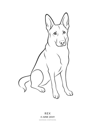 My Dog line art poster – German Shepherd drawn as a single elegant line drawing with name, birthday and breed