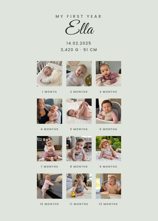 My First Year personalised poster – twelve monthly baby photos in a grid with name, date of birth, weight and length, on sage