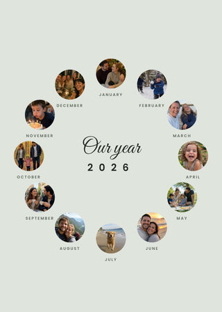 Our Year personalised poster – twelve round photos in a wheel with the year in the centre, on sage
