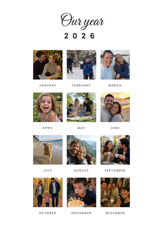 Our Year personalised poster – twelve photos in a grid, one for each month, with the year above, on white