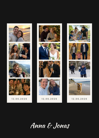 Photo Booth personalised poster – three white photo booth strips with twelve photos on black