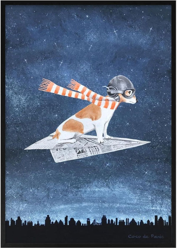 Jack Russell wearing goggles and scarf, flying on a paper plane over a cityscape under a starry night sky.