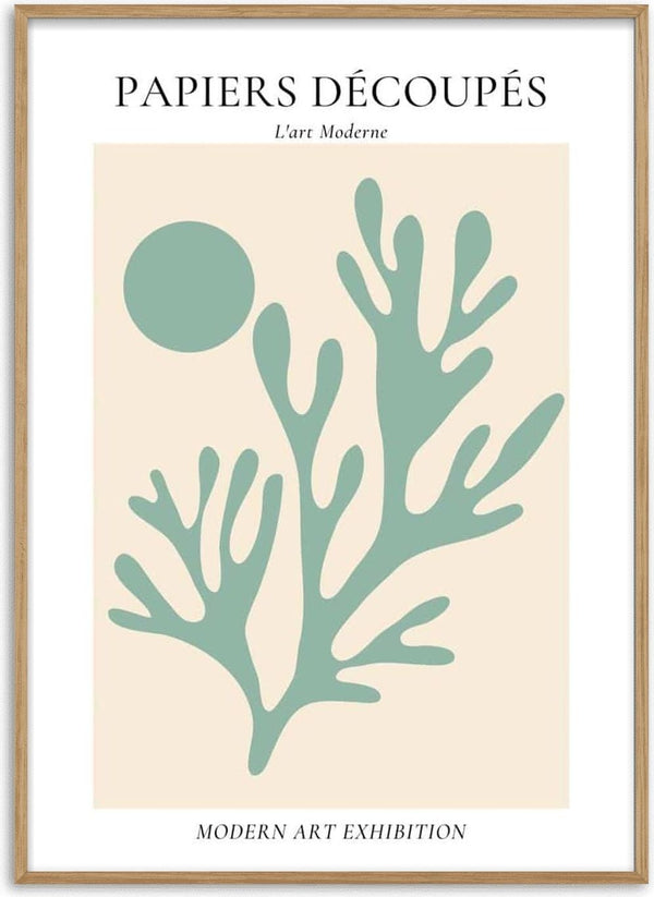 Abstract green coral and sun design inspired by Matisse, with French text on a modern art exhibition poster.