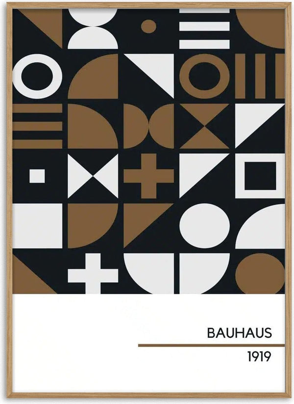 Abstract geometric 1919 Bauhaus poster with brown, black, and white shapes; "BAUHAUS 1919" text at bottom.