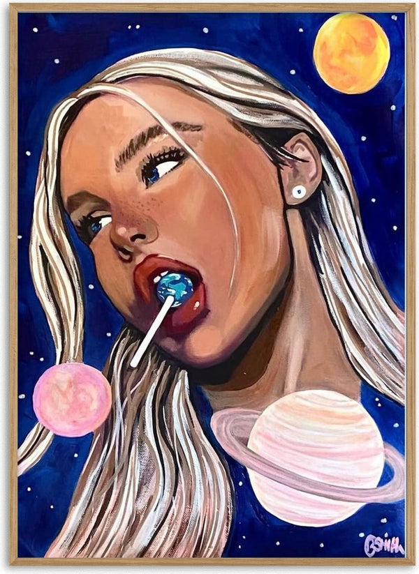 Planet Pop by Art By Biba - a blonde woman with a globe-shaped lollipop among planets on a deep blue starfield