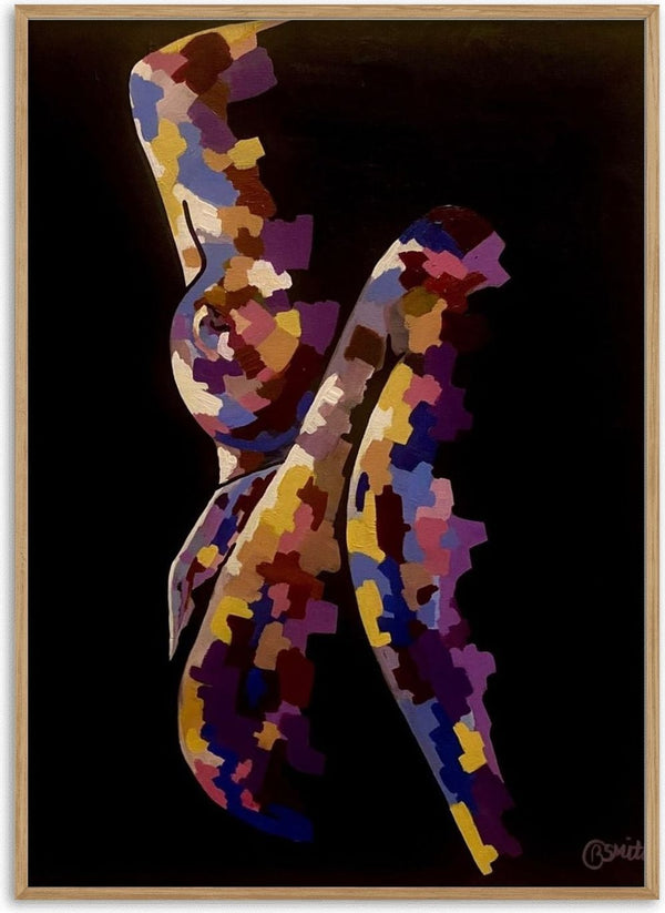 Mosaic Nude in Violet by Art By Biba - a seated figure built from violet, blue and mustard patches on black