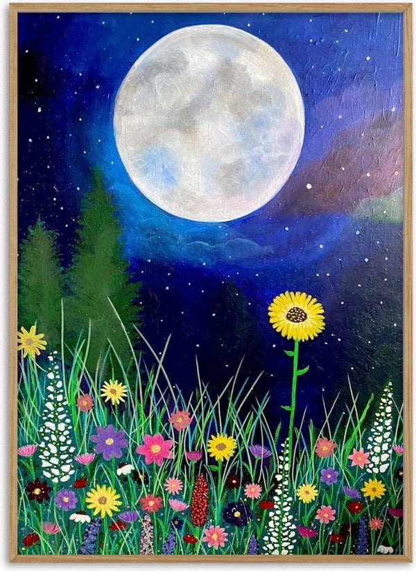 Moonlit Wildflowers by Art By Biba - a sunflower and a wild meadow under a full moon in a deep blue sky