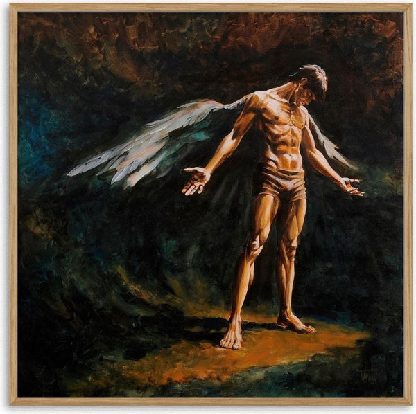 Standing Angel by VanW - a bowed winged man with open hands against a dark green-brown ground