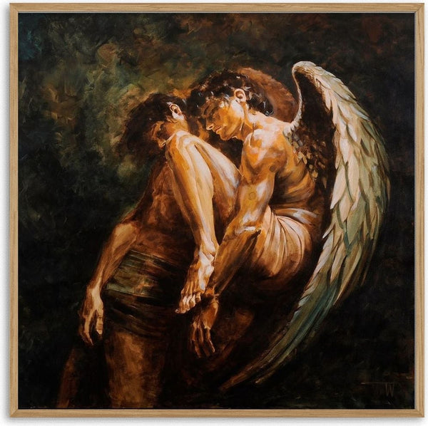 Embrace by VanW - a winged figure leaning over a turned-away figure in ochre and umber against near black