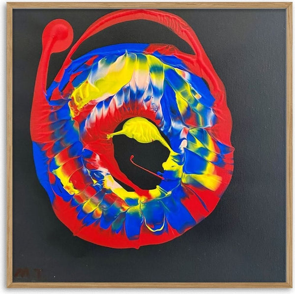 Spin by Maria-Tia - swirled ring of red, blue and yellow paint on black